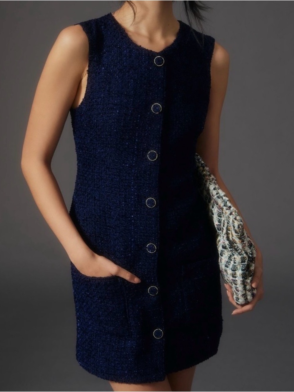 Anthropologie Endless Rose Navy Tweed Mod Shift Dress Gold Button Size M